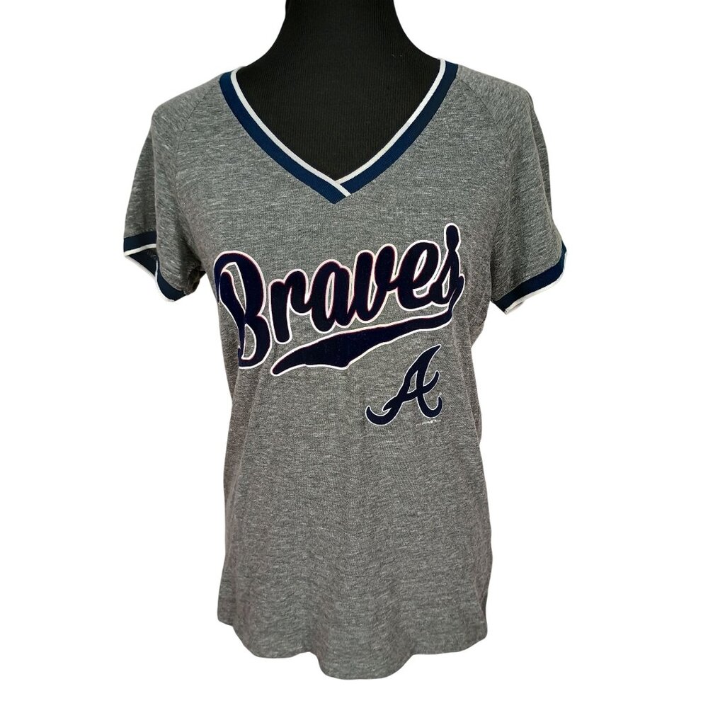 Atlanta Braves‎ Womens V-Neck Tee By 5th & Ocean Size M Gray Cotton Blend